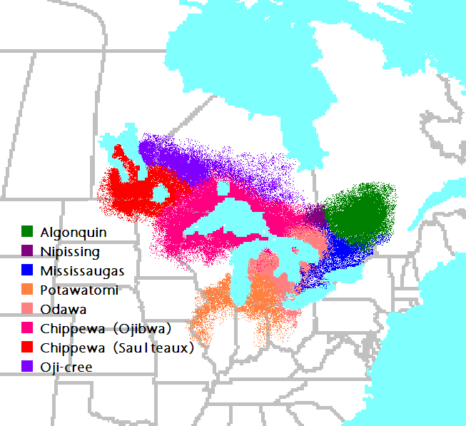 Anishinaabe-Anishinini Map Distribution of the Anishinaabe tribal groups around 1800